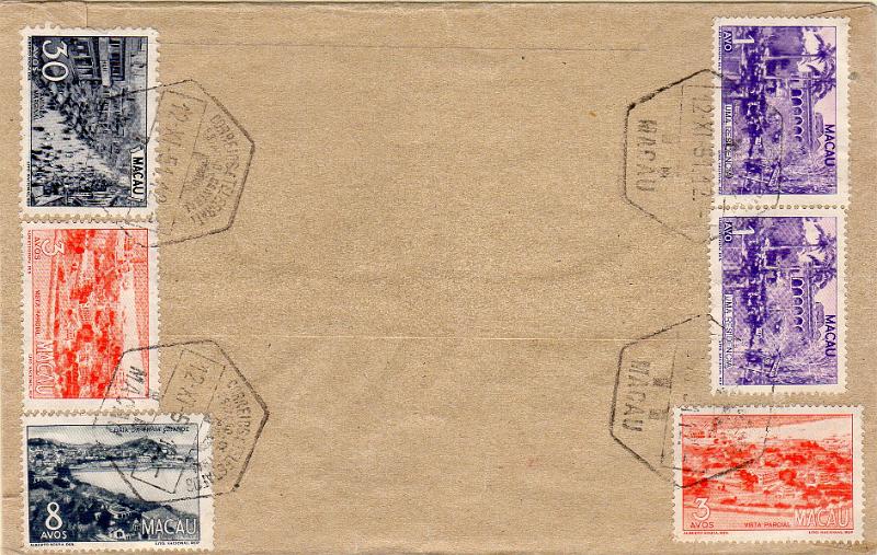 1533 v.jpg -     Lote:    1533 (verso)                   Descrição:         1950/51 &mdash; Motivos locais. Sobrescrito circulado registado de Macau (12.11.51) para Hong Kong com selos de 2x1avo, 2x3avos, 8 avos e 30 avos CE341, 343, 344 e 346. MB.        Carta       Valor Base:     &euro; 35,00     Valor Venda:     &euro;      